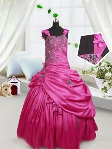 Lovely Hot Pink Lace Up Straps Beading and Pick Ups Little Girls Pageant Gowns Satin Sleeveless