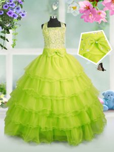 Floor Length Zipper Pageant Dress Apple Green and In for Party and Wedding Party with Beading and Ruffled Layers