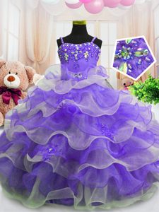 Sleeveless Floor Length Beading and Ruffled Layers Zipper Winning Pageant Gowns with Eggplant Purple