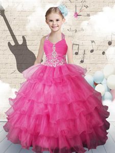 Organza Halter Top Sleeveless Lace Up Beading and Ruffled Layers Little Girl Pageant Gowns in Hot Pink