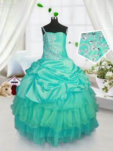 Fashionable Turquoise Sleeveless Beading and Ruffled Layers and Pick Ups Floor Length Girls Pageant Dresses