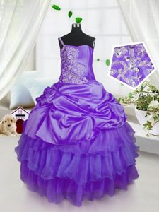 Perfect Beading and Ruffled Layers and Pick Ups Girls Pageant Dresses Purple Lace Up Sleeveless Floor Length