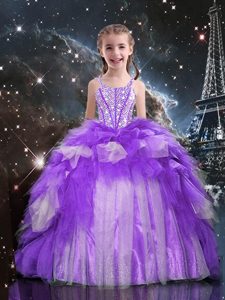 Organza Spaghetti Straps Sleeveless Lace Up Beading and Ruffles Little Girl Pageant Dress in Purple