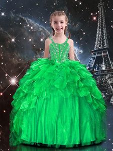 Apple Green Sleeveless Floor Length Beading and Ruffles Lace Up Pageant Gowns For Girls