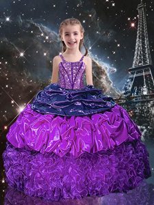 Eggplant Purple Lace Up Spaghetti Straps Beading and Ruffles and Pick Ups Glitz Pageant Dress Organza Sleeveless