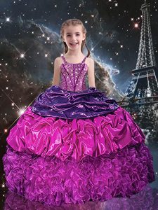 Purple Little Girl Pageant Gowns Party and Wedding Party and For with Beading and Ruffles and Pick Ups Spaghetti Straps Sleeveless Lace Up