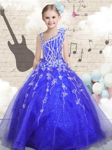 Blue Organza Lace Up Asymmetric Sleeveless Floor Length Little Girls Pageant Dress Wholesale Beading and Appliques and Hand Made Flower