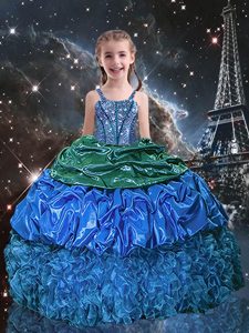 Blue Lace Up Spaghetti Straps Beading and Ruffles and Pick Ups Kids Formal Wear Organza Sleeveless
