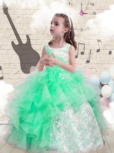 Scoop Floor Length Apple Green Little Girl Pageant Gowns Organza Sleeveless Beading and Ruffles