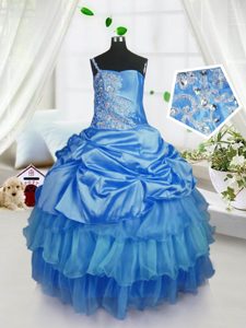 Dazzling Organza Strapless Sleeveless Lace Up Beading and Ruffled Layers and Pick Ups Little Girls Pageant Dress in Baby Blue