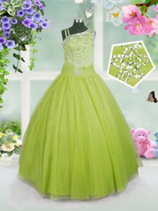 Customized Floor Length Ball Gowns Sleeveless Apple Green Kids Pageant Dress Side Zipper