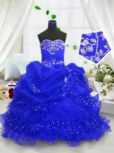 Royal Blue Ball Gowns Sweetheart Sleeveless Organza Floor Length Lace Up Beading and Ruffled Layers and Pick Ups Little Girl Pageant Gowns