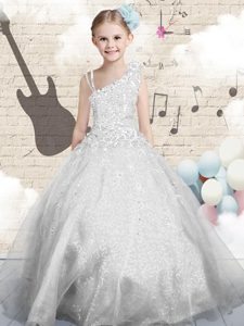Sleeveless Beading and Appliques and Hand Made Flower Lace Up Pageant Dress for Girls
