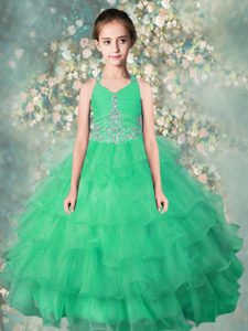 Fashionable Halter Top Teal Sleeveless Beading and Ruffles Floor Length Pageant Gowns For Girls