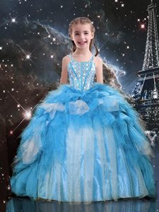 Blue And White Ball Gowns Organza Straps Sleeveless Beading and Appliques and Ruffled Layers Floor Length Lace Up Little Girl Pageant Dress