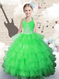 Halter Top Beading and Ruffled Layers Child Pageant Dress Green Lace Up Sleeveless Floor Length