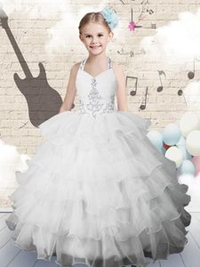 Sleeveless Floor Length Beading and Ruffles Lace Up Kids Pageant Dress with Fuchsia