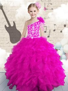 Hot Pink Ball Gowns One Shoulder Sleeveless Organza Floor Length Lace Up Embroidery and Ruffles and Hand Made Flower Little Girl Pageant Dress
