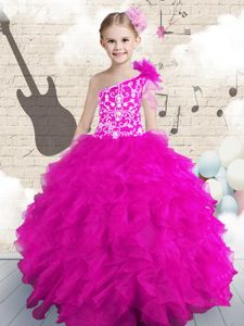 Scoop Light Yellow Tulle Zipper Little Girls Pageant Dress Sleeveless Floor Length Beading and Appliques