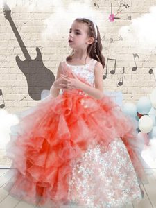 Nice Watermelon Red Organza Lace Up Scoop Sleeveless Floor Length Pageant Gowns For Girls Beading and Ruffles