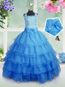 Floor Length Zipper Pageant Dress Womens Baby Blue and In for Party and Wedding Party with Beading and Ruffled Layers