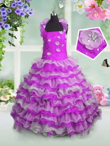 Glorious Fuchsia Ball Gowns Straps Sleeveless Organza Floor Length Lace Up Beading and Appliques and Ruffled Layers Girls Pageant Dresses