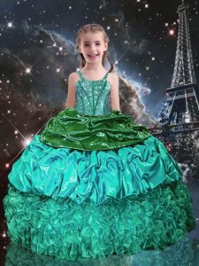 Great Green Ball Gowns Spaghetti Straps Sleeveless Organza Floor Length Lace Up Beading and Ruffles Kids Formal Wear