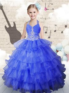 High Class Ruffled Ball Gowns Pageant Dress for Girls Royal Blue Halter Top Organza Sleeveless Floor Length Lace Up