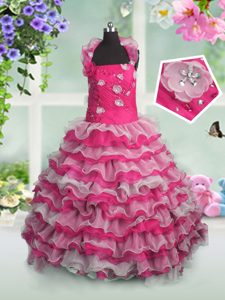 Beautiful Floor Length Lace Up Pageant Gowns Hot Pink and In for Party and Wedding Party with Beading and Appliques and Ruffled Layers