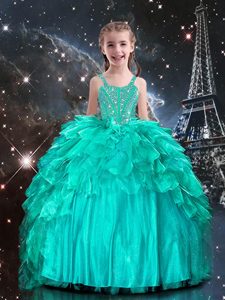 Sleeveless Floor Length Beading and Ruffles Lace Up Glitz Pageant Dress with Aqua Blue