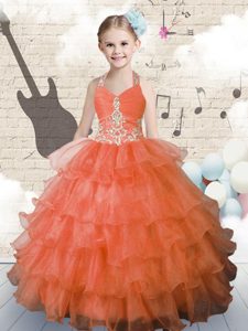 Eye-catching Ruffled Ball Gowns Little Girl Pageant Gowns Orange Halter Top Organza Sleeveless Floor Length Lace Up
