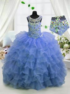 Fashion Scoop Light Blue Sleeveless Floor Length Beading and Ruffled Layers Lace Up Pageant Dress for Girls