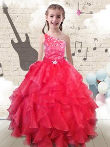 One Shoulder Sleeveless Lace Up Child Pageant Dress Red Organza