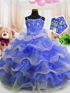 Custom Designed Blue Little Girls Pageant Gowns Party and Wedding Party and For with Beading and Ruffled Layers Spaghetti Straps Sleeveless Zipper