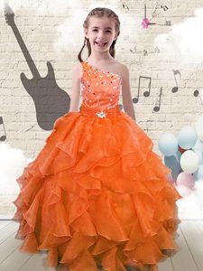 Hot Selling Ball Gowns Little Girls Pageant Dress Wholesale Orange Red One Shoulder Organza Sleeveless Floor Length Lace Up