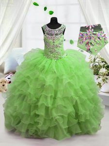 Scoop Apple Green Sleeveless Floor Length Beading and Ruffled Layers Lace Up Little Girl Pageant Gowns