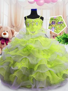 Custom Designed Light Yellow Organza Zipper Spaghetti Straps Sleeveless Floor Length Pageant Dress for Teens Beading and Ruffled Layers