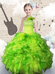 Trendy One Shoulder Neckline Beading and Ruffles Little Girl Pageant Gowns Sleeveless Lace Up