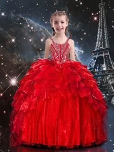 Red Lace Up High School Pageant Dress Beading and Ruffles Sleeveless Floor Length