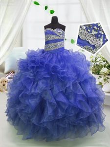 Hot Sale Blue Lace Up Sweetheart Beading and Ruffles Little Girl Pageant Dress Organza Sleeveless