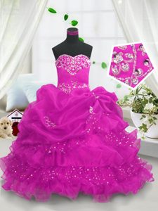 Pick Ups Ruffled Ball Gowns Pageant Dress for Girls Hot Pink Sweetheart Organza Sleeveless Floor Length Lace Up