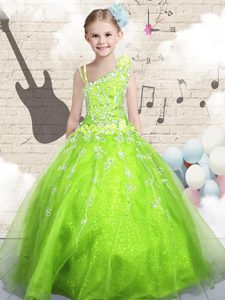 Apple Green Sleeveless Beading and Appliques and Hand Made Flower Floor Length Little Girl Pageant Gowns
