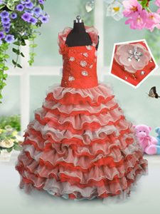 Sleeveless Organza Floor Length Lace Up High School Pageant Dress in Coral Red for with Beading and Appliques and Ruffled Layers