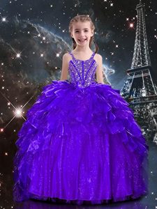 Hot Sale Lavender Ball Gowns Beading and Ruffles Custom Made Pageant Dress Lace Up Tulle Sleeveless Floor Length