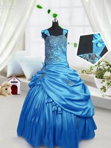 Elegant Aqua Blue Sleeveless Floor Length Beading and Pick Ups Zipper Glitz Pageant Dress
