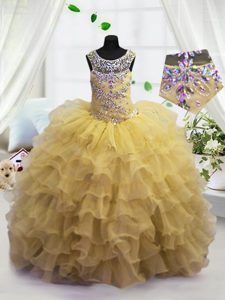 Fancy Scoop Beading and Ruffled Layers Little Girls Pageant Gowns Light Yellow Lace Up Sleeveless Floor Length