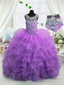 Gorgeous Lavender Ball Gowns Scoop Sleeveless Organza Floor Length Lace Up Beading and Ruffled Layers Little Girl Pageant Gowns