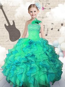 One Shoulder Organza Sleeveless Floor Length Little Girl Pageant Dress and Beading and Ruffles