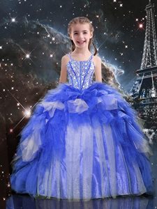 Floor Length Ball Gowns Sleeveless Blue Girls Pageant Dresses Lace Up