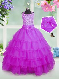Gorgeous Sleeveless Floor Length Beading and Ruffled Layers Zipper Pageant Dress with Rose Pink